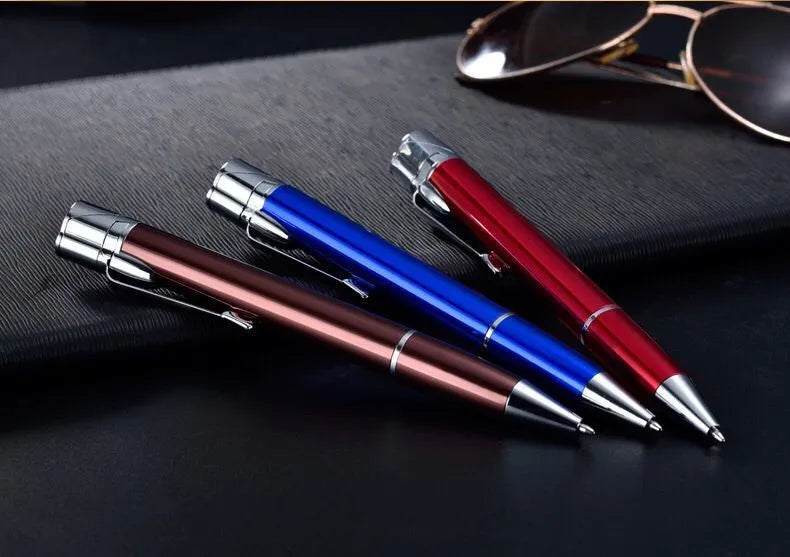 Windproof metal jet pen lighter in assorted colours showing slim refillable design