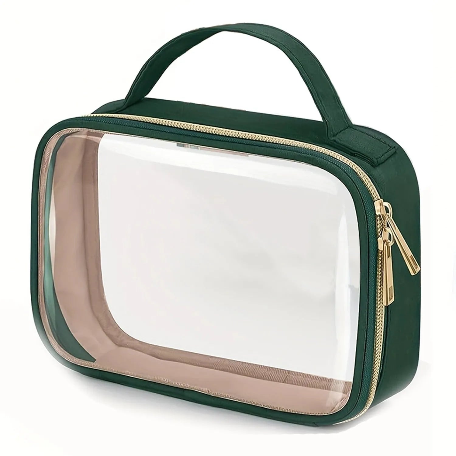 Clear PVC cosmetic wash bag with chain handle showing lipsticks inside, in leopard print colour.