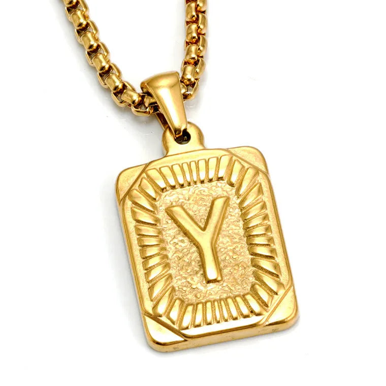 Gold-plated 18K titanium steel letter pendant necklace with pearl chain, gold colour, unisex design