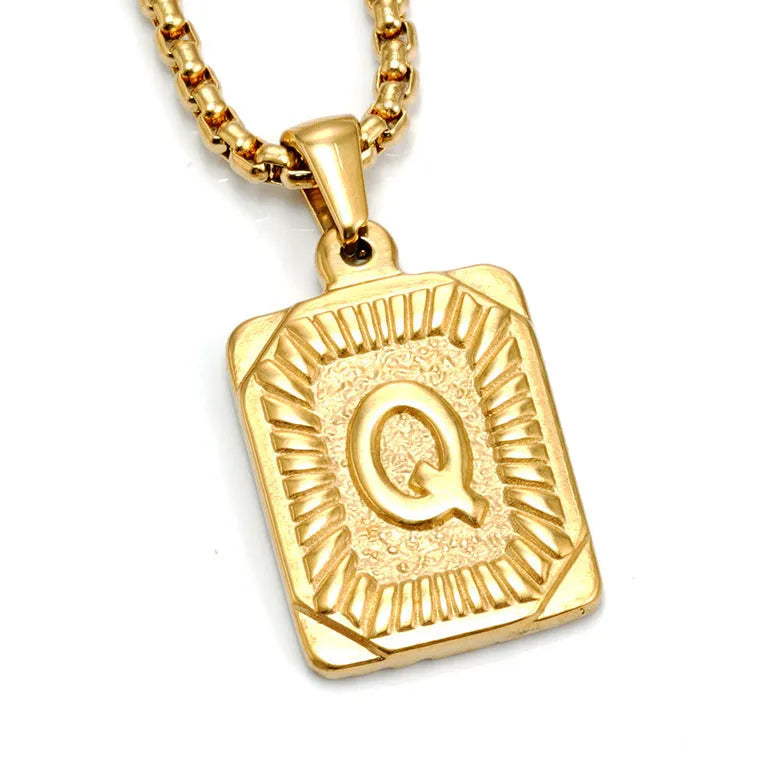 Gold-plated 18K titanium steel letter pendant necklace with pearl chain, gold colour, unisex design