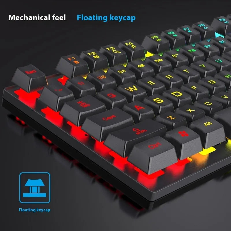 Black gaming keyboard and mouse combo with backlit keys and USB cables