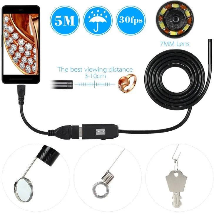 OWSOO USB endoscope camera with 5m cable, 7mm lens, LED lights, hook, magnet, and mirror attachments