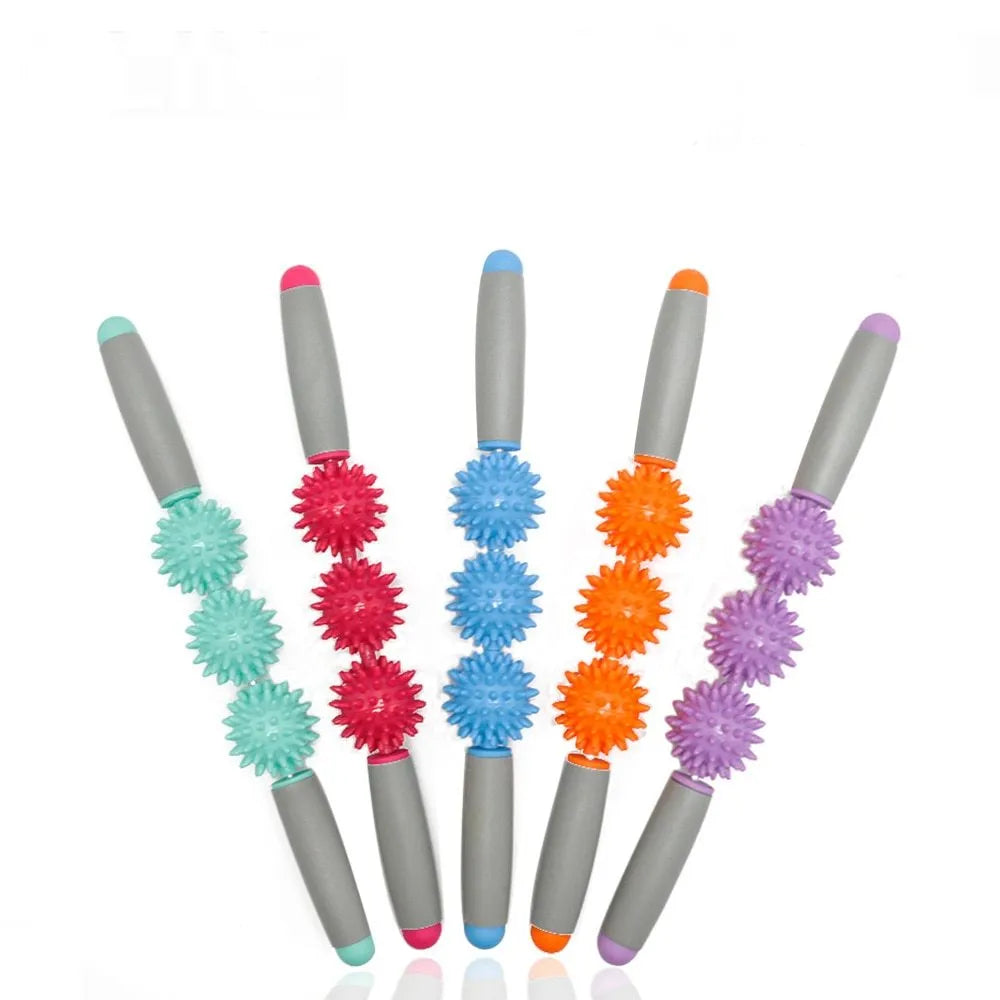 Anti-cellulite massager stick with hedgehog-shaped trigger point balls and ergonomic handle