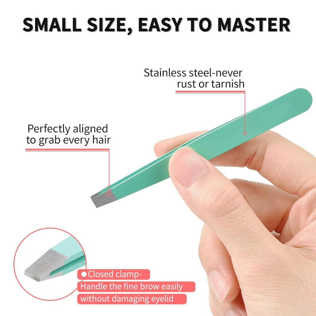 Six-piece stainless steel eyebrow tweezer set with slanted tips, curved scissors, brush, and leather case