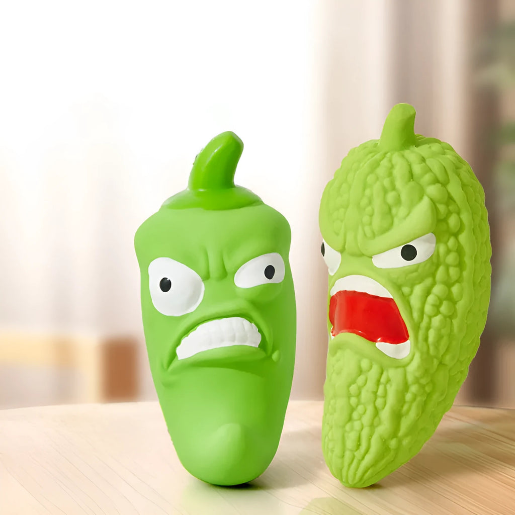 Bitter melon and chili shaped dog chew toy with pet sounds for teeth cleaning
