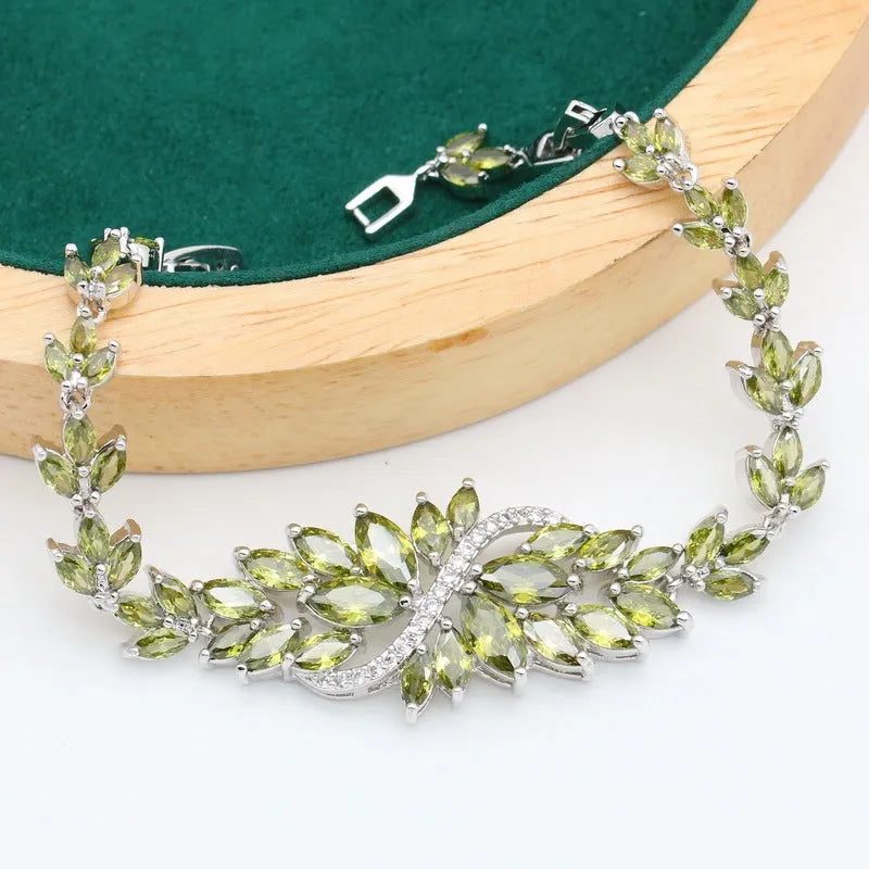 Complete retro floral jewellery set with copper zircon necklace, bracelet, earrings and ring in olive, purple or colourful finish