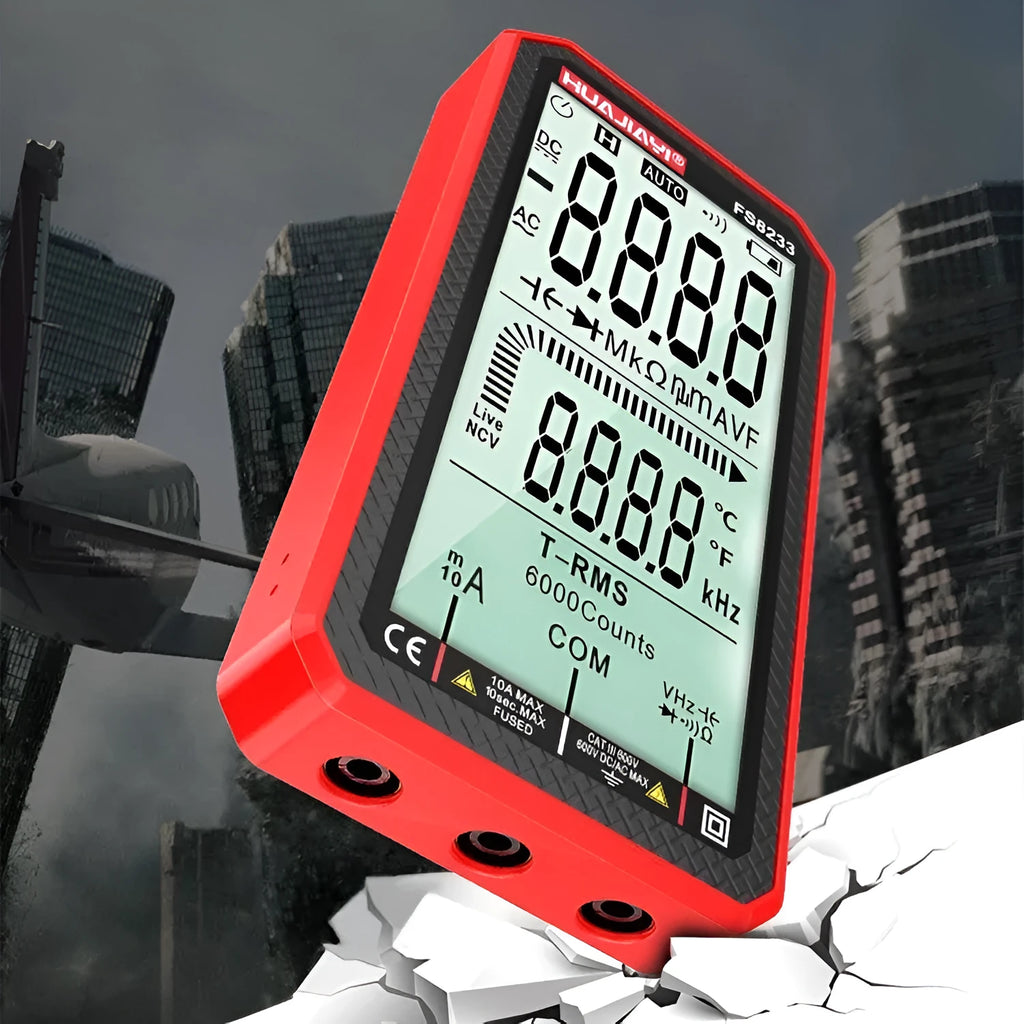 Large screen automatic digital multimeter in black, handheld design for electrical testing