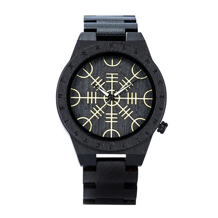 Leisure ebony all wood watch with quartz movement and mineral glass mirror on a neutral background