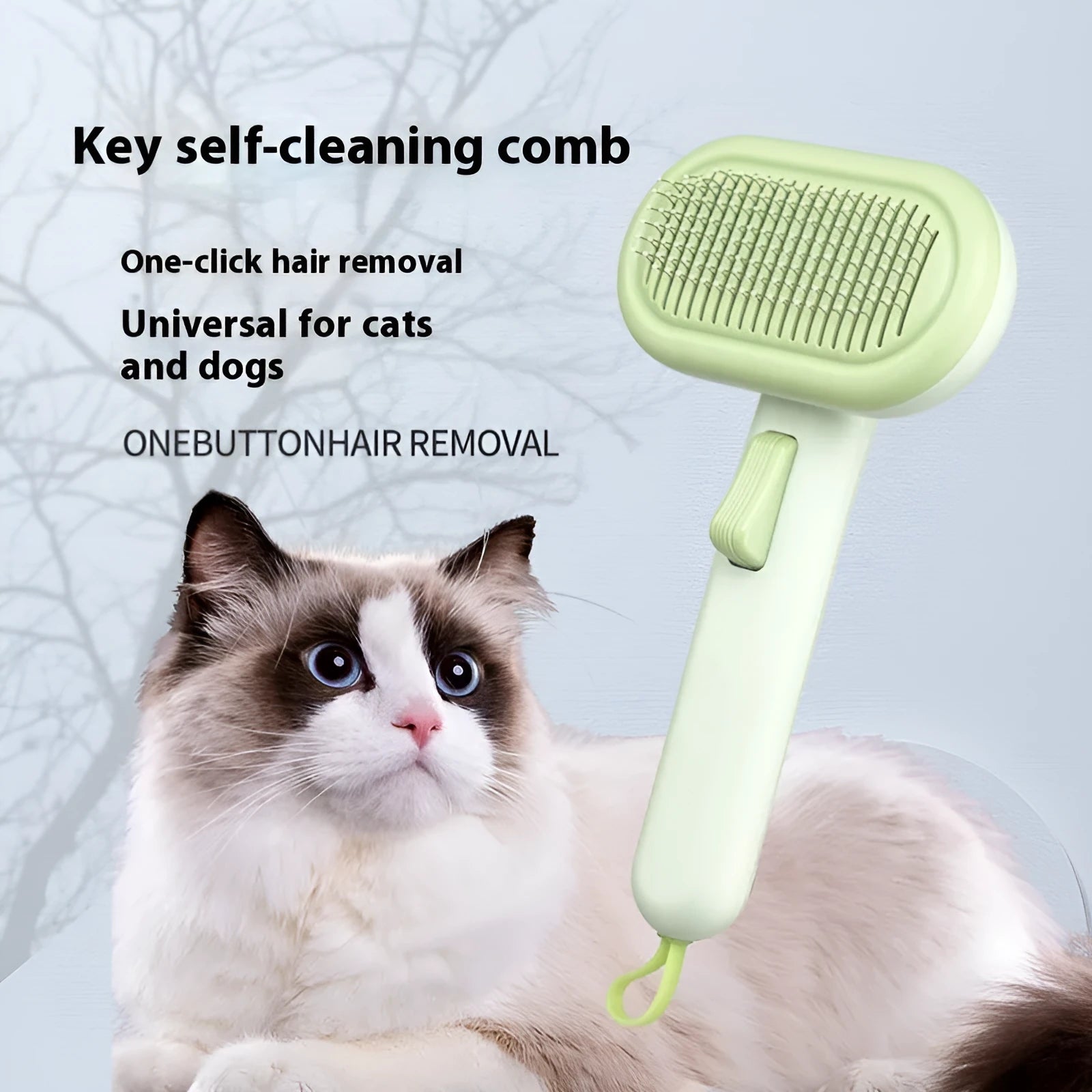 Large pet grooming comb with stainless steel teeth and one-click cleaning button in light grey colour