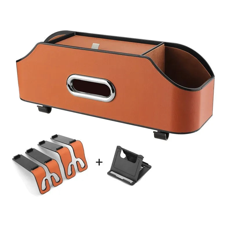 Genuine leather car tissue box holder in one of five colours, showing suspended design.