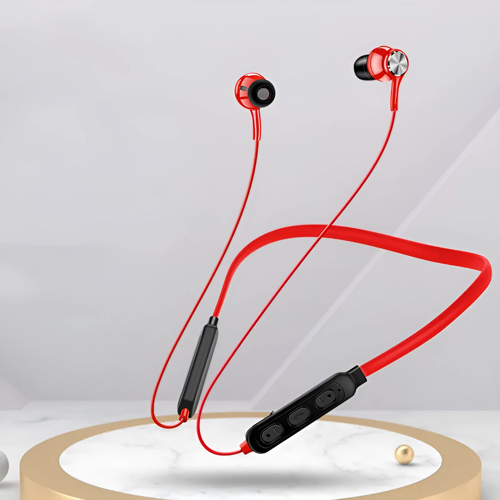 Neckband sports Bluetooth earphones in black, red, or white with USB charging cable