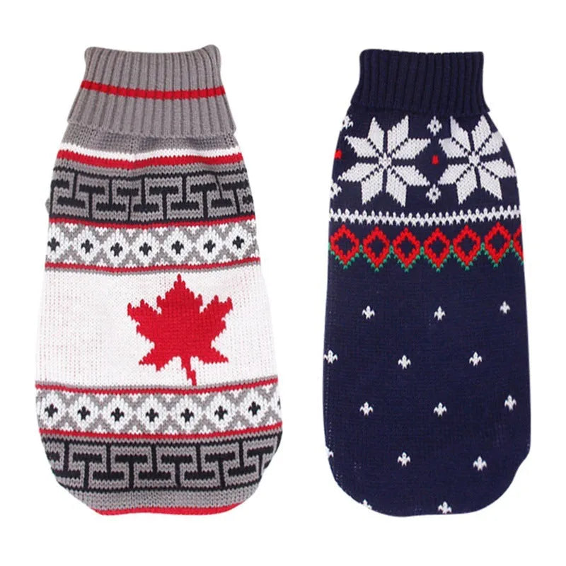 Christmas turtleneck knitting sweater dog clothing in acrylic knit, red reindeer pattern, on small dog