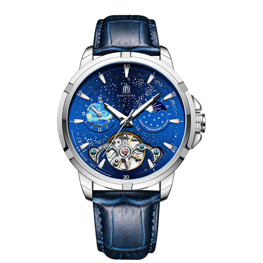 Men's automatic mechanical watch with blue dial and 14mm thickness