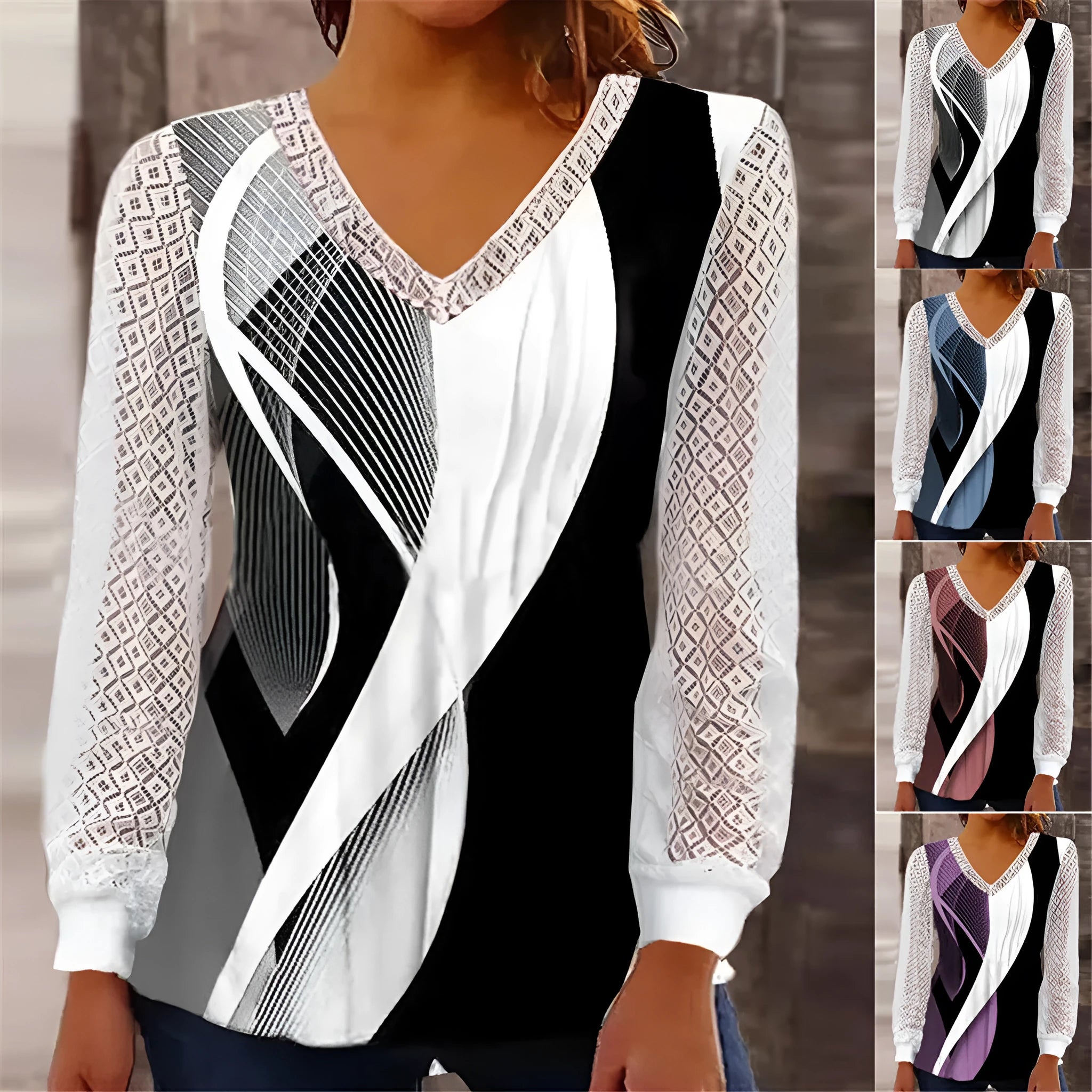 Purple V-neck loose top with hollow-out lace print and long sleeves