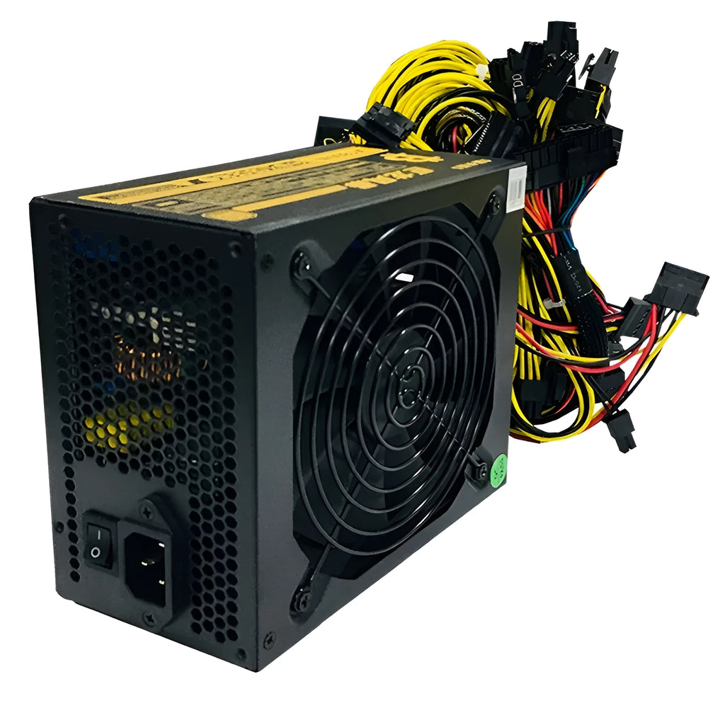 Black full voltage 110V server power supply unit with visible connectors including 4+4 CPU and multiple 6+2 pin GPU interfaces.