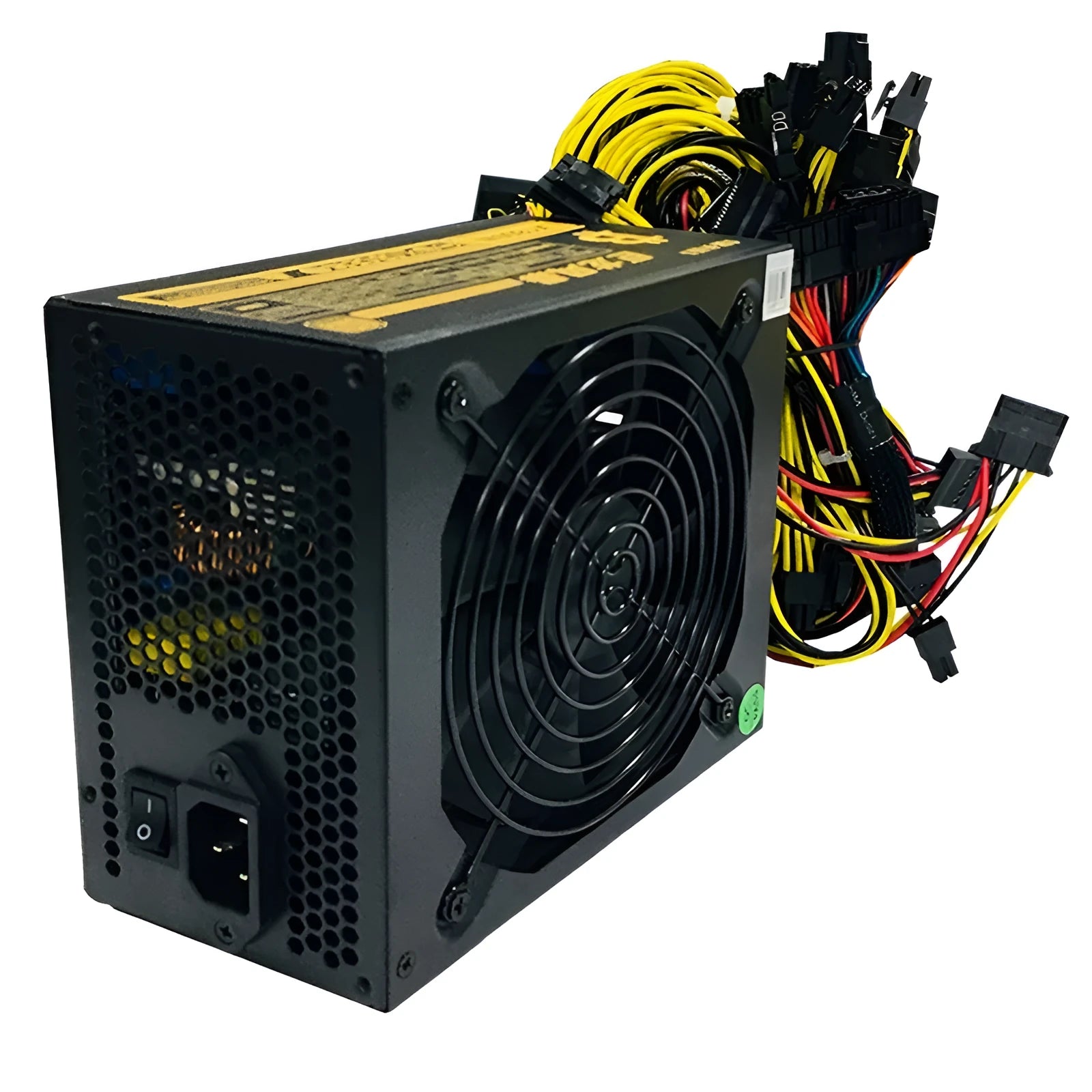 Black full voltage 110V server power supply unit with visible connectors including 4+4 CPU and multiple 6+2 pin GPU interfaces.