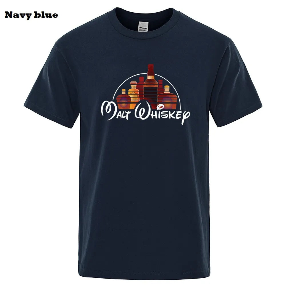 Men's extra-wide fit cotton t-shirt with Malt Whiskey graphic print in blue, front view
