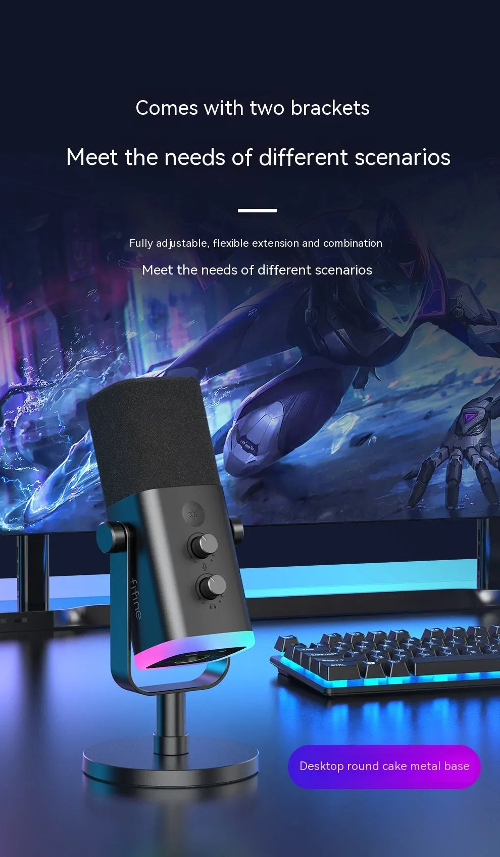 Dynamic noise reduction microphone in black, pink, or white with XLR cable, data cable, and desk base