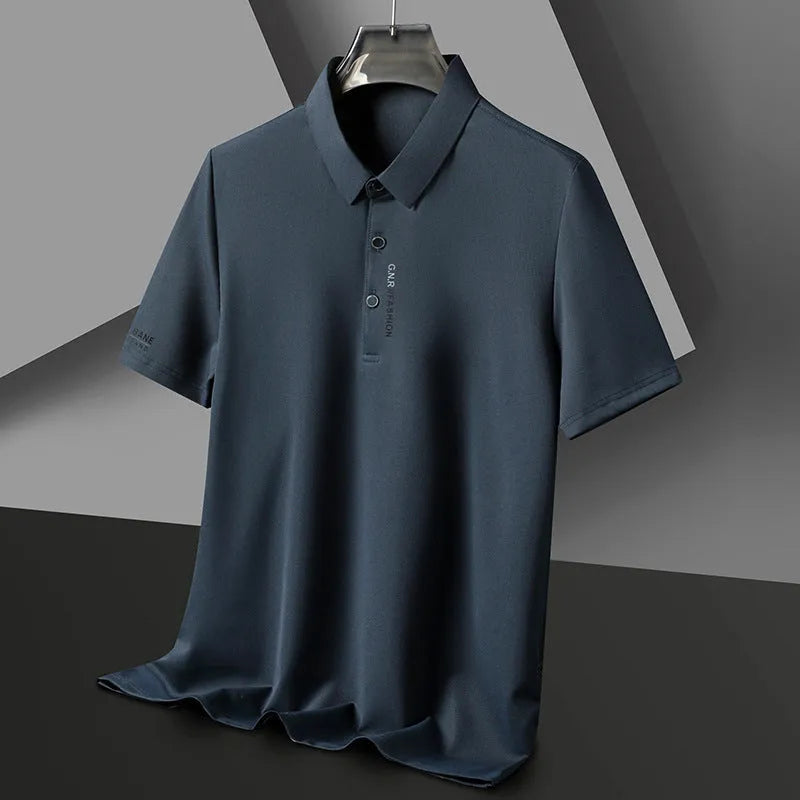 Men's waffle short sleeve polo shirt, loose fit, polyester, side slits, available in black, green, khaki, and other colours