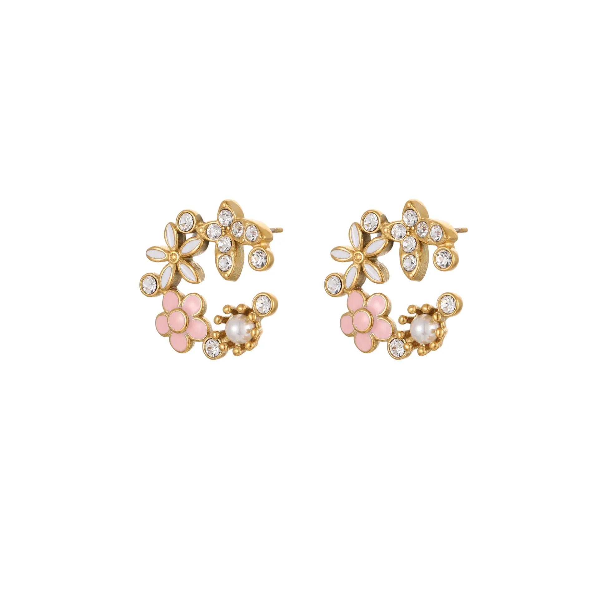 Close-up of colourful oil finish flower-shaped stud earrings with petal details on a stainless steel post.