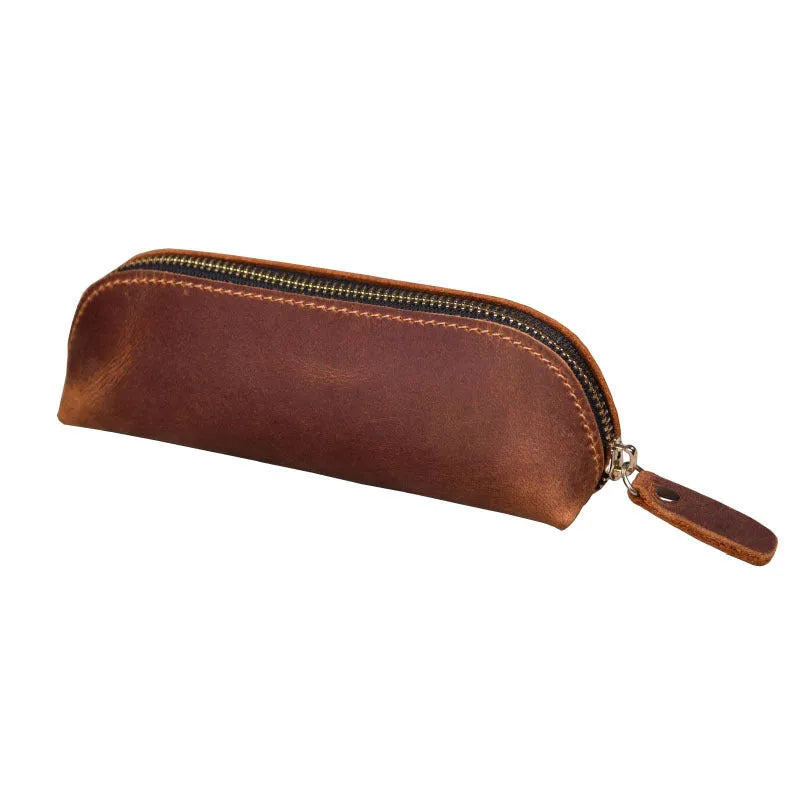 Handmade leather pencil case with zipper in black brown dark brown yellow colours