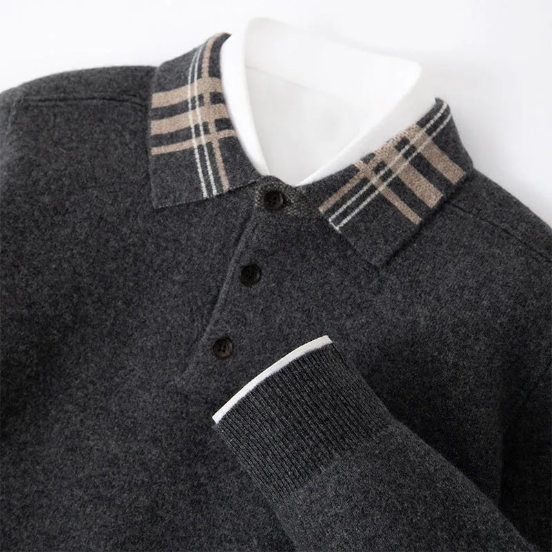 Men's cashmere loose fit pullover in coffee colour with jacquard knit and lapel collar