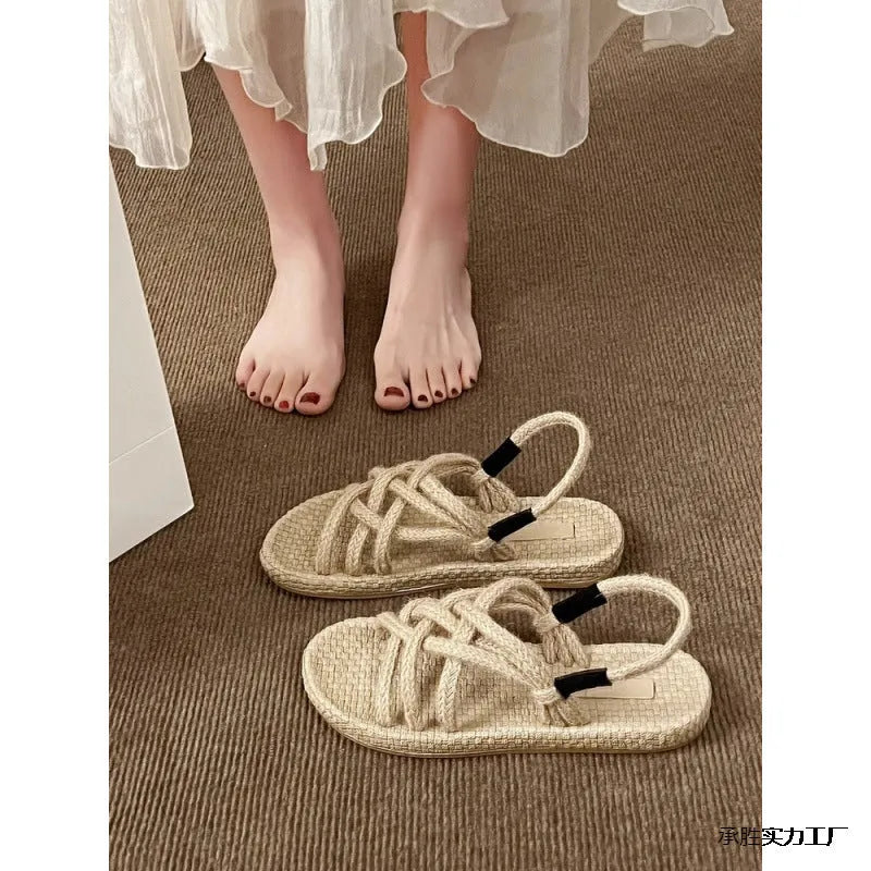 Braided hemp rope sandals for women, black, lightweight non-slip rubber sole, PU upper, round toe casual flat