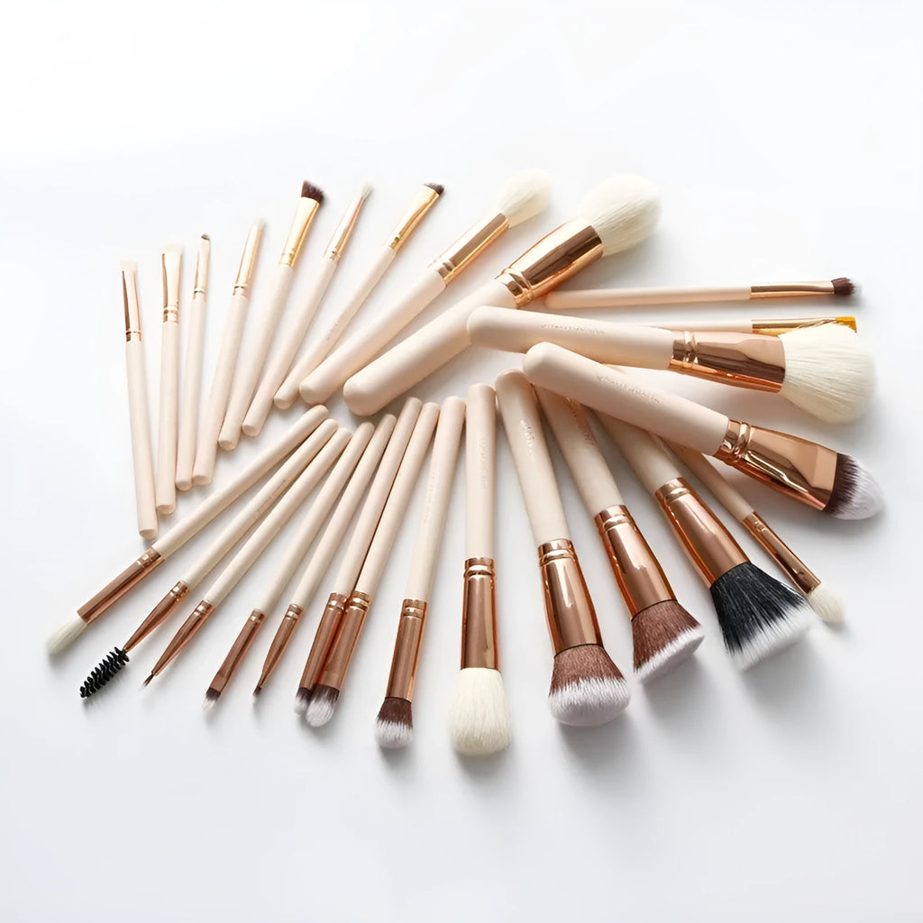 26 pink makeup brushes with wool heads and wooden handles in PU carrying case