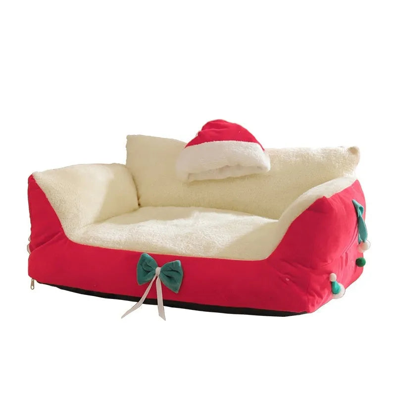 Flannel cat nest in red with removable washable cover, plus-sized variant, on floor