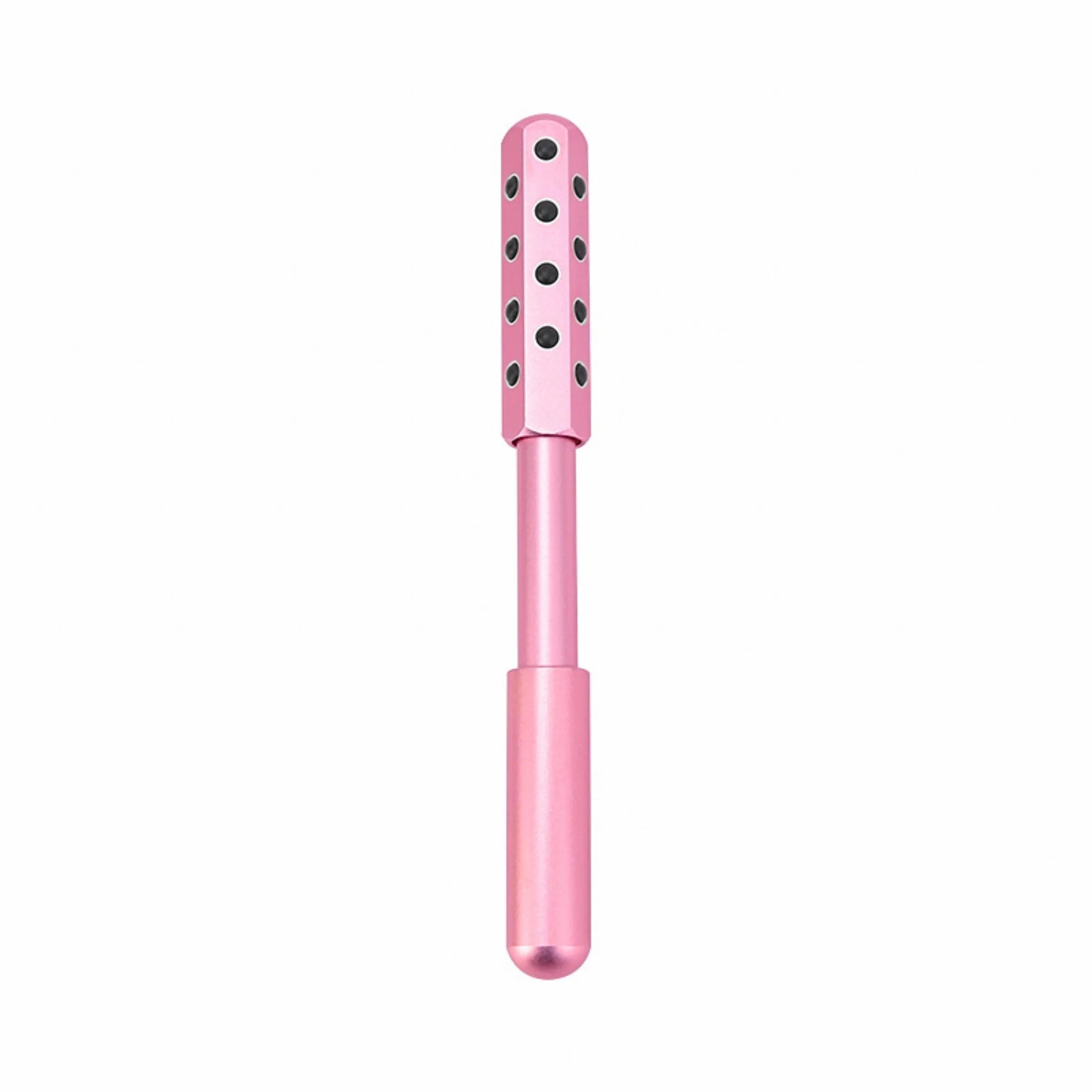 Purple handheld facial massage roller with visible germanium beads on a rotating head
