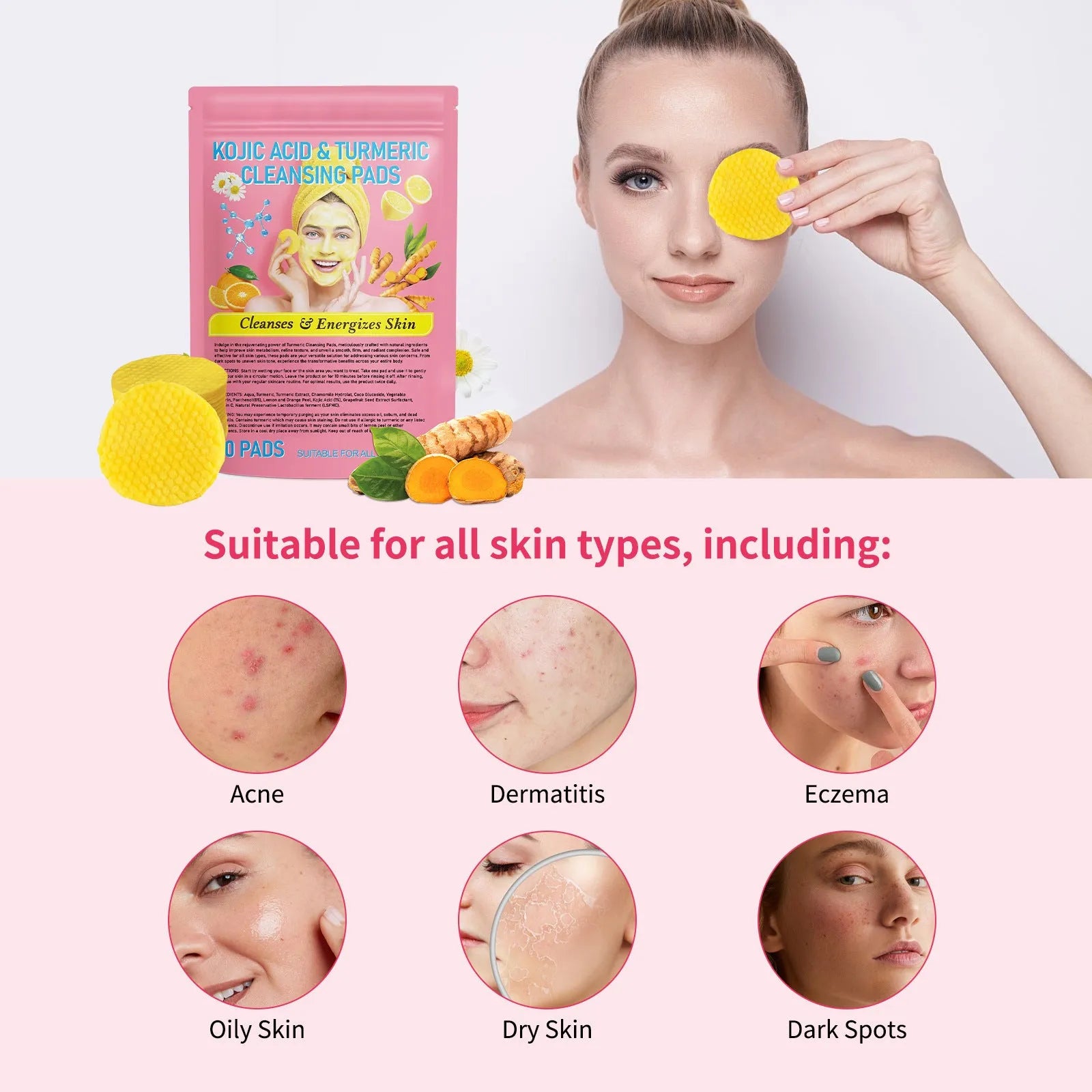 Yellow compressed turmeric cleansing pad with kojic acid, made of sponge material, for facial cleansing