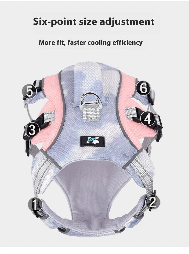 Reflective dog chest strap with LED strips in light blue, shown with adjustable fastenings.