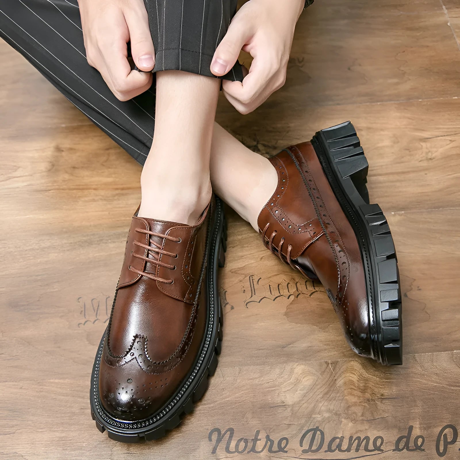 Men's black and brown brogue shoes with round toe and classic business styling