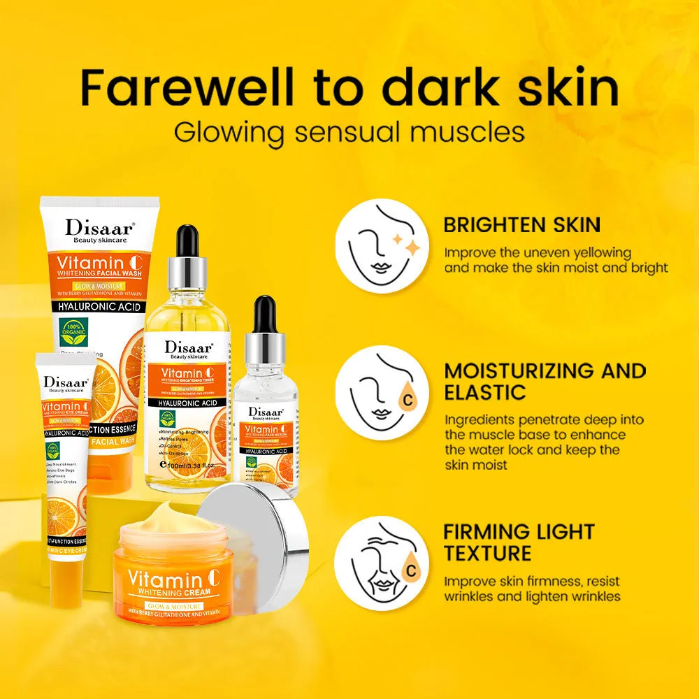 Vitamin C facial care set with toner, emulsion, serum, cream, and eye cream in coordinated packaging