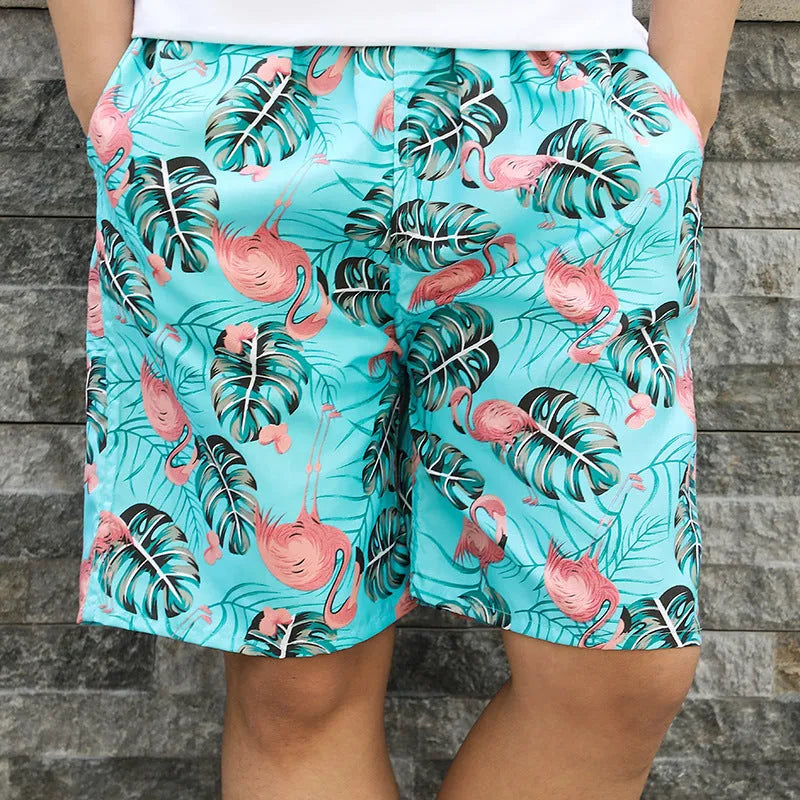 Men's floral print five-point swimming trunks in polyester, showing one of 24 available colour patterns.