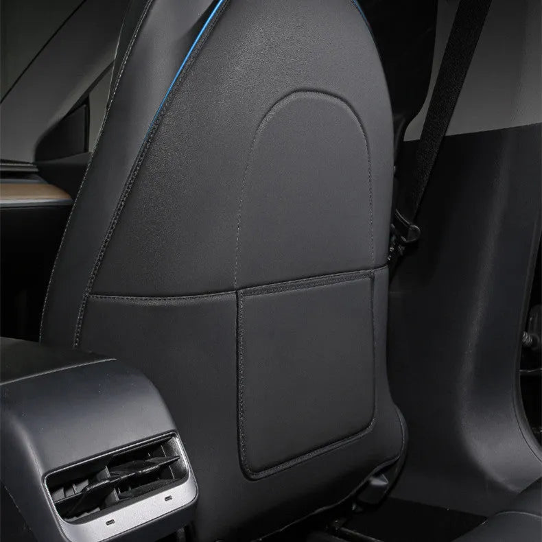 Black leather rear anti kick pad for car seat protection, showing single pocket and full coverage design