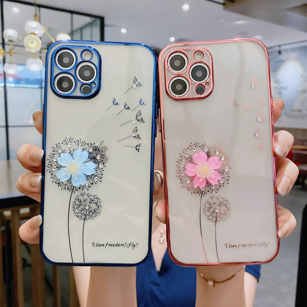 Green 3D floral patterned iPhone case with a silver rotating ring stand on the back.