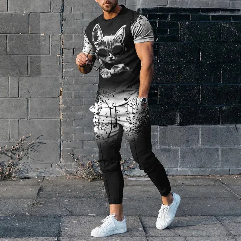 Man wearing a printed short-sleeve pullover and matching trousers from a thin polyester sports suit set.