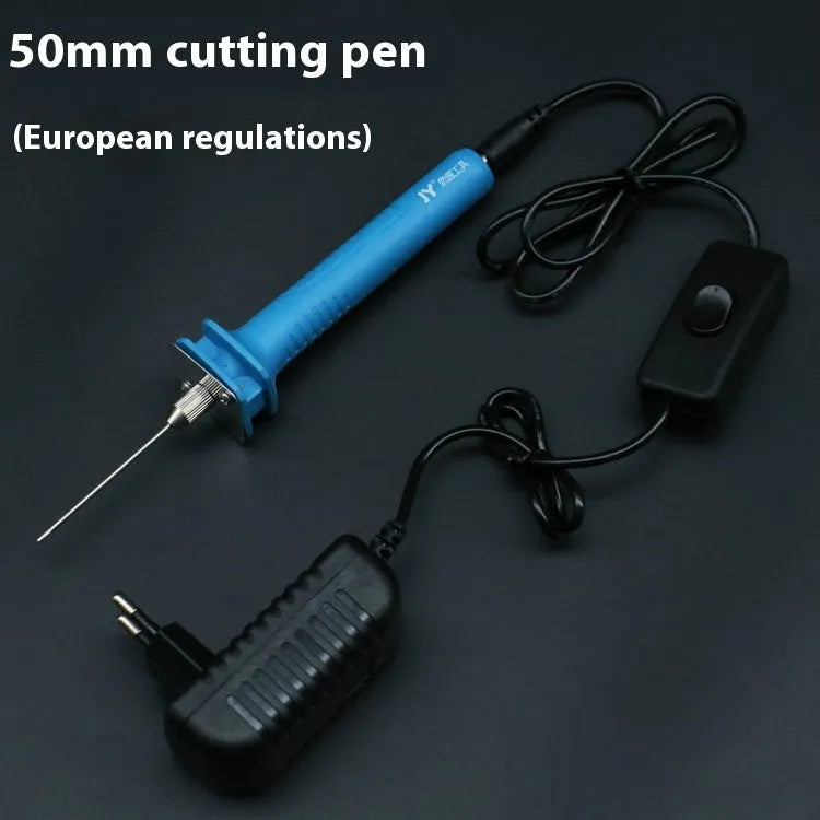 Blue electric heating foam cutter pen with plastic handle and long metal blade on a workbench.