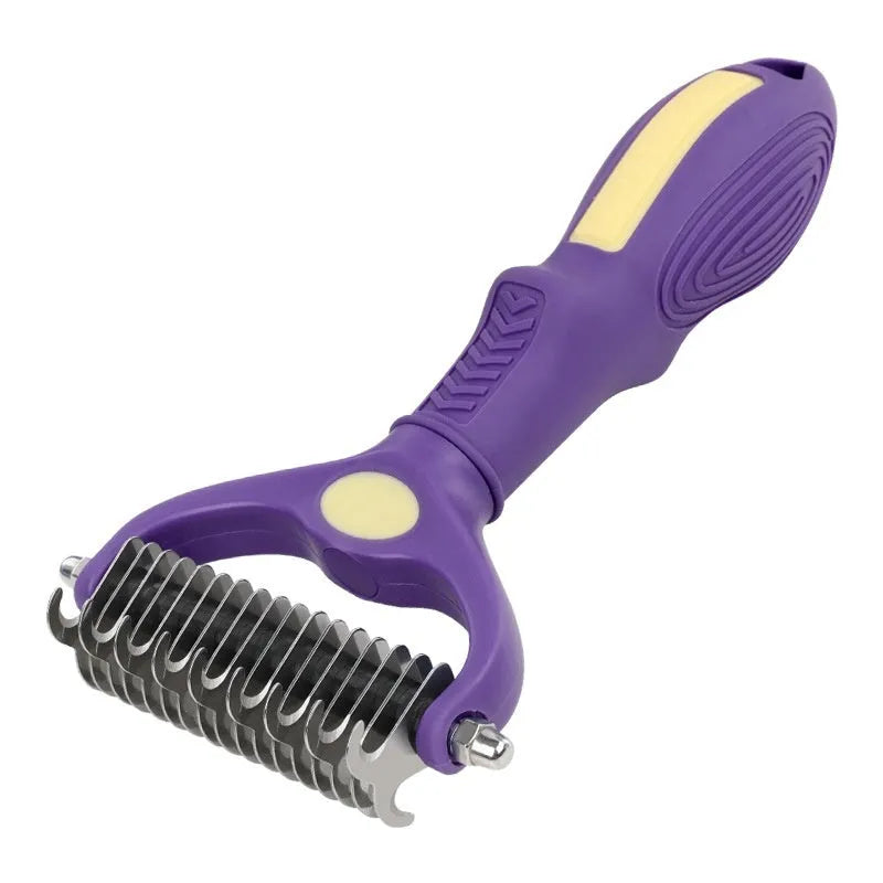 Purple plastic double-sided pet comb for untangling knots on dog and cat fur.