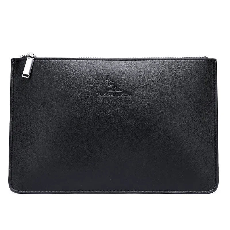 Men's soft PU leather clutch showing card slots, bill compartments, and zipper pocket