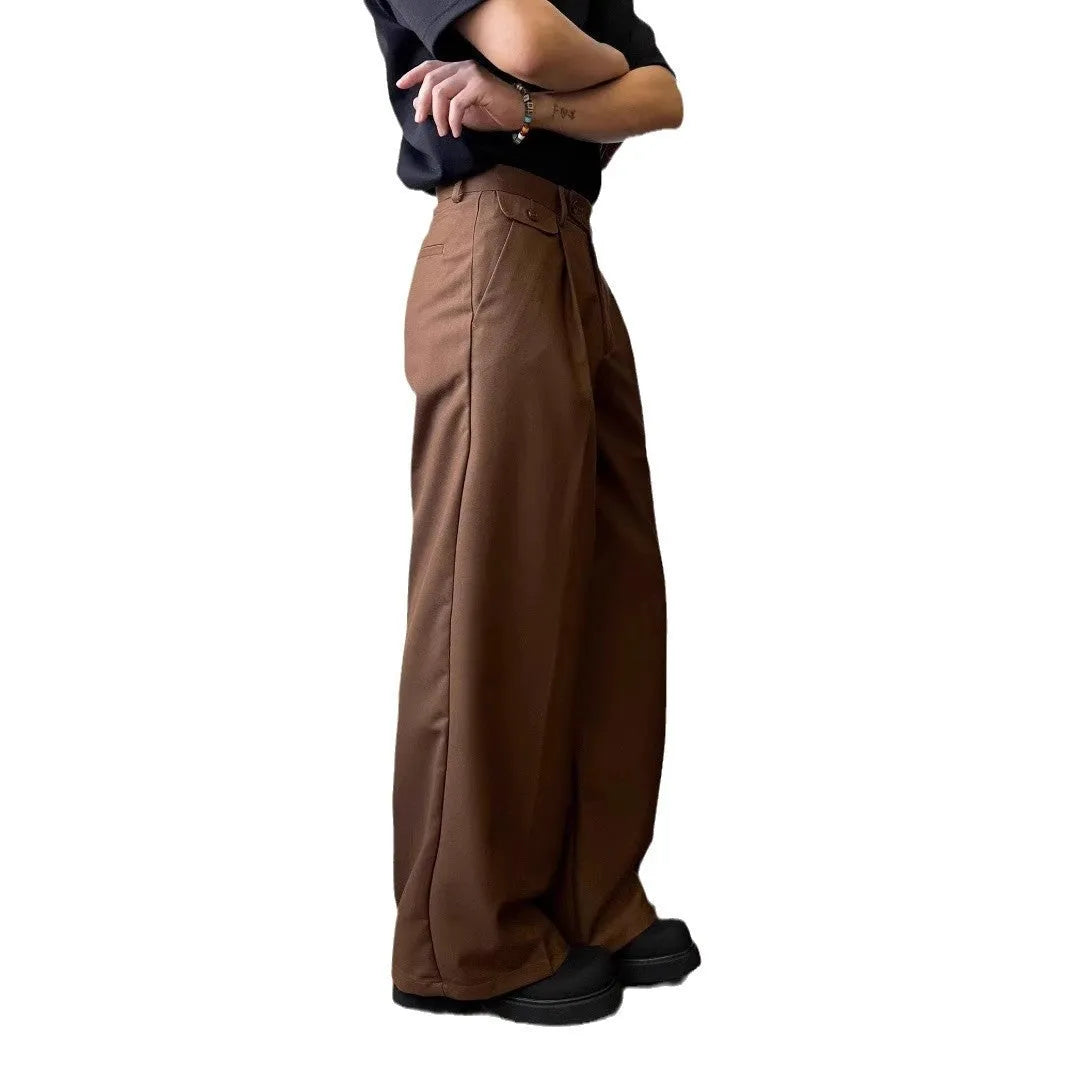 Men's brown straight-leg casual suit pants with loose wide-leg design