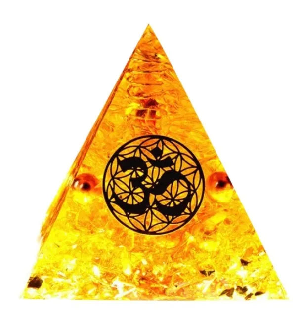 Clear epoxy resin pyramid ornament with embedded blue lapis lazuli crystal gravel, 6cm tall.
