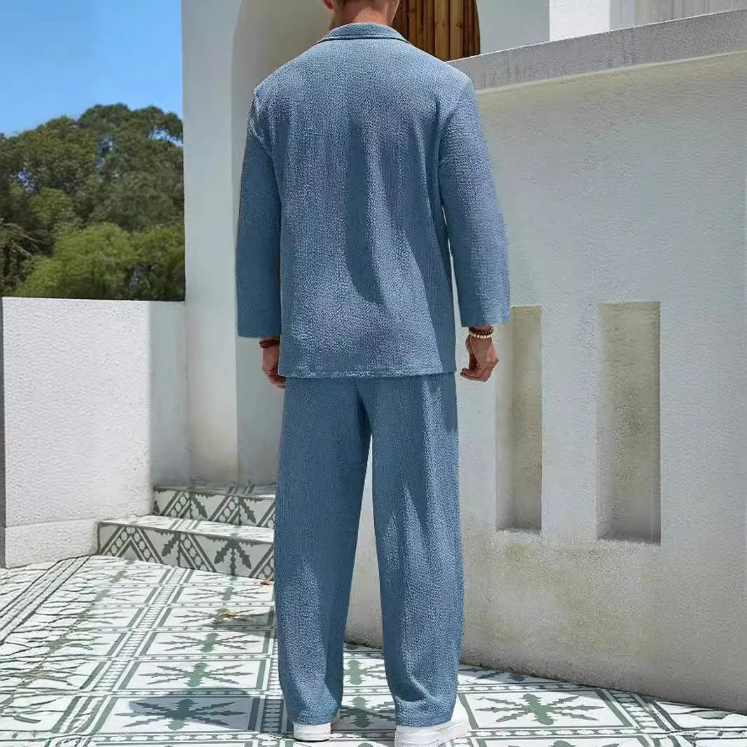 Men's casual polyester shirt and trousers set in lake blue, shown as a co-ordinated autumn leisure outfit.