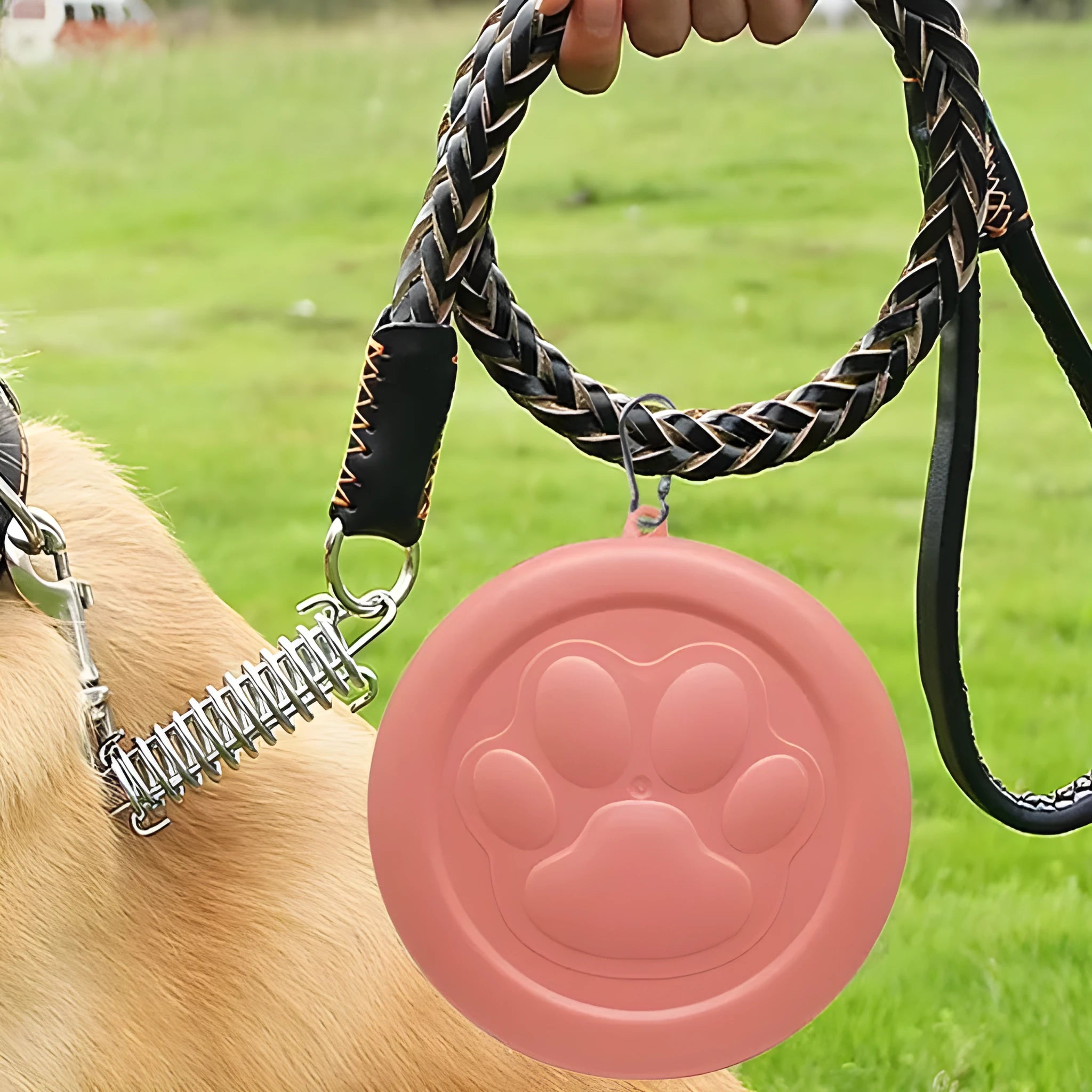Portable plastic dog bowl with snack compartment and metal carrying clip in light green colour.