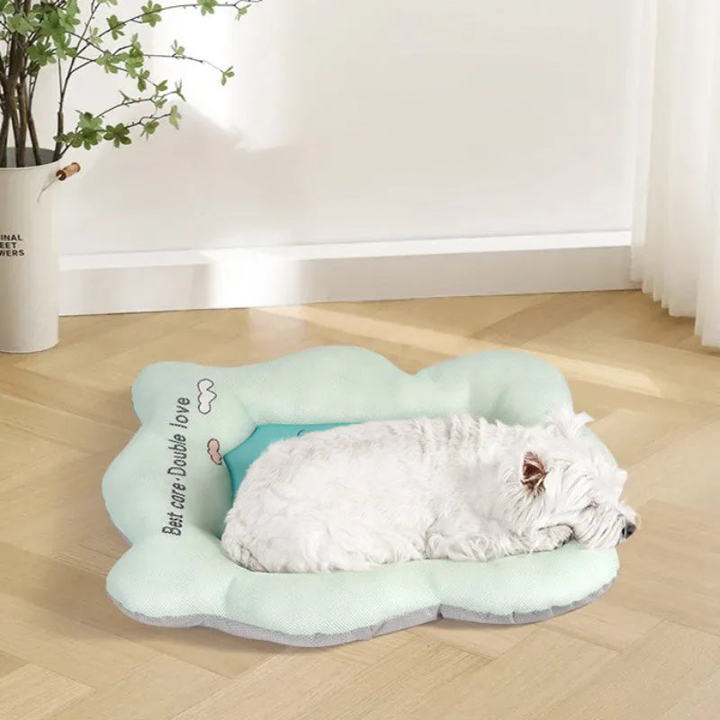 Green reversible pet cooling mat for dogs and cats showing soft fabric side and non-slip backing.