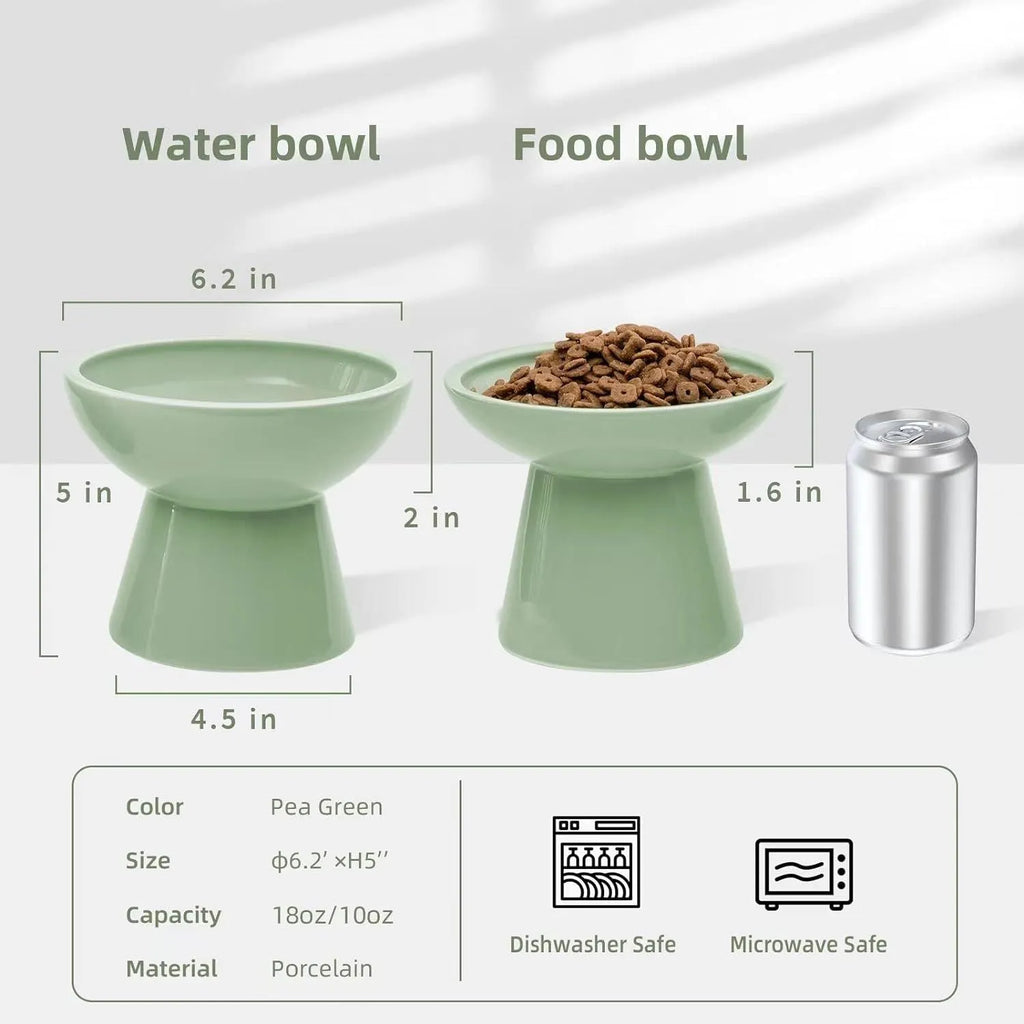 Ceramic elevated cat bowl with wide shallow design in blue, green, pink or white