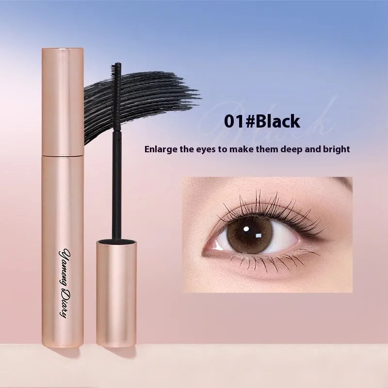 Tube of long curling long-lasting mascara shown in black and brown colour options with applicator wand.