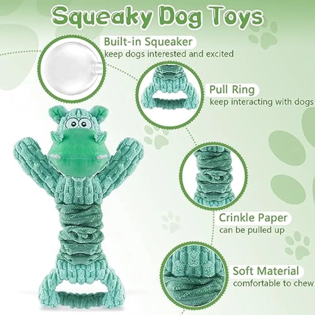 Large blue plush dog toy with handle for tug-of-war play