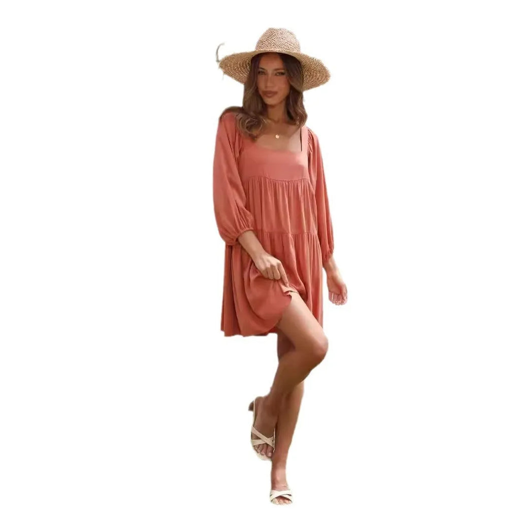 Children's square collar puff sleeve backless A-line dress in orange or light blue